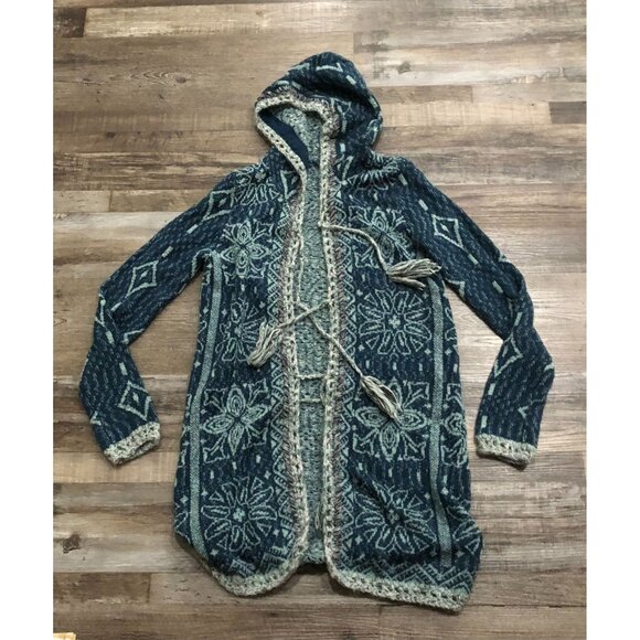 Free People Hooded Cardigan Kai Tassel Pom Pom Long Large Blue Boho Festival - Picture 1 of 4